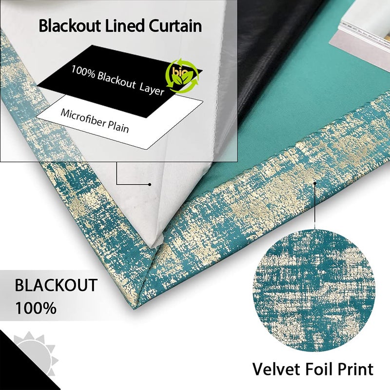 always4u 100% Blackout Soft Velvet Curtains for Bedroom Living Room Thermal Energy Saving 108 Inches Long Luxury Gold Foil Print Drapes 2 Panels Teal - Image 2